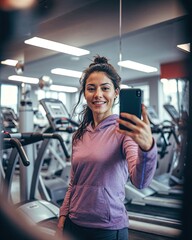 Smiling beautiful Latina young woman using her smartphone in a gym to take selfie pictures. Joyful and optimistic. Multilayered, light purple, and maroon, candid portraiture. Vibrant portraits