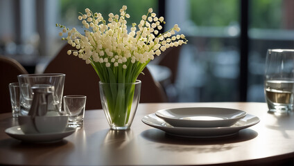 Plates, vase with a bouquet of lilies of the valley in a cafe design