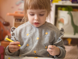 portrait of a little girl is drawn with a felt-tip pen. girl sits at the table and draws
