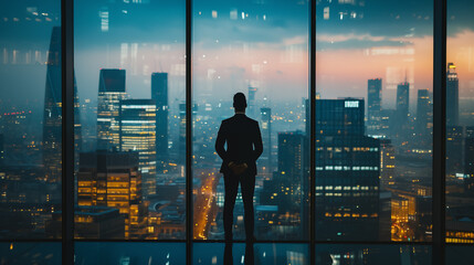 Businessman looking at the skyline from his office