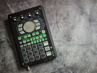DJ drum machine. Professional audio equipment of a disc jockey close-up.