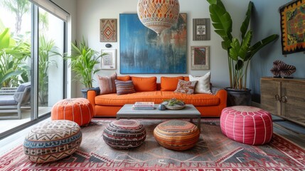 Vibrant, patterned poufs bring a pop of color and texture to this eclectic living space