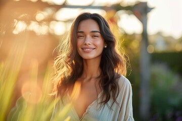 A sun-kissed lady with long hair radiates pure joy as she smiles at the camera in an outdoor portrait photography session - obrazy, fototapety, plakaty