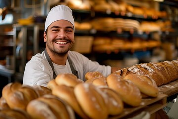A content man proudly displays the fruits of his labor at the bustling bakery, surrounded by delectable pastries and the comforting aroma of freshly baked goods - obrazy, fototapety, plakaty
