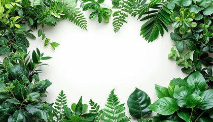 Naklejka premium Green tropical leaves frame on white background for text or logo. Jungle green plants on white screen. Stylish nature moving copy space