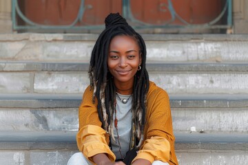 A stylish woman with a radiant smile sits gracefully on the steps of a building, her black hair cascading over her fashionable clothing and accessorized with street fashion, exuding confidence and ha