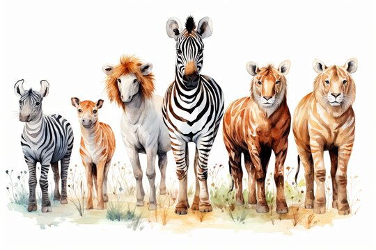 Group of African safari animals together and Cute safari wildlife animal with giraffe, lion, elephant, lion, zebra, tiger
