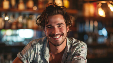 A charismatic bartender in his mid-20s, exuding warmth and approachability. With his trendy, tousled hair and welcoming smile, he effortlessly creates an inviting atmosphere at the bar. - obrazy, fototapety, plakaty