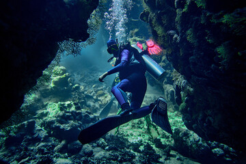 The beauty of the underwater world - a scuba diver got lost in an underwater cave - scuba diving in...