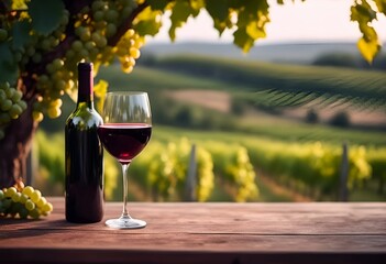 Verre de vin rouge sur une table devant une vigne - obrazy, fototapety, plakaty