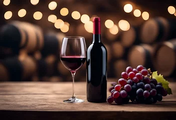 Fotobehang Verre de vin et bouteille de vin rouge dans une cave © JBN
