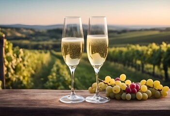 Deux verres de Champagne devant une vigne