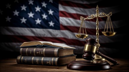 An evocative image featuring the American flag backdrop with a judicial gavel and scales of justice, symbolizing the United States legal system.
