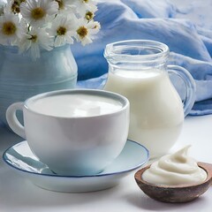 Obraz na płótnie Canvas Tasse et lait dans un pichet en verre sur une table