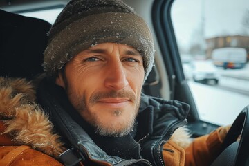 A rugged man with a bushy beard wearing a warm hat and jacket is seen driving his car with his loyal dog by his side, braving the cold winter weather - obrazy, fototapety, plakaty