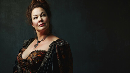 A captivating opera soprano in her 40s, exuding intense emotional prowess, stands resplendent in a grand opera gown.