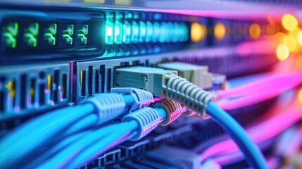 Fiber Optic cables connected to an optic ports and UTP Network cables connected to ethernet ports.