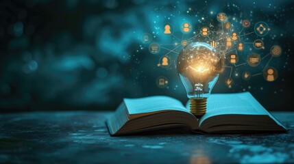 Glowing light bulb and book or text book with futuristic icons Self-learning or - obrazy, fototapety, plakaty