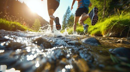 Trail runners leap across water and rocks. Follow the competition route On the green background, bright sunlight - obrazy, fototapety, plakaty