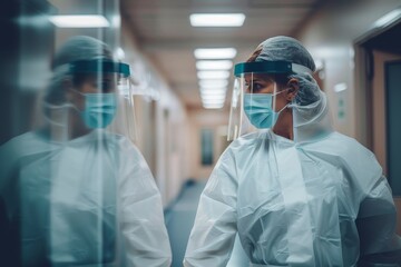 A diligent medical assistant in scrubs and protective gear stands ready to serve in an indoor healthcare setting, donning a face shield and mask for added protection while tending to patients - obrazy, fototapety, plakaty