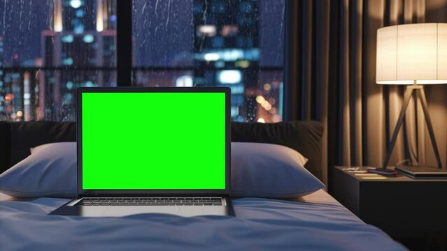 Laptop with replaceable chroma key screen in apartment bedroom before wide window with rainy cityscape, looped footage