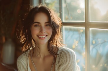 beautiful smiling young woman in front of window