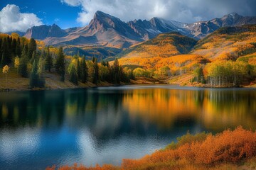 A serene and vibrant autumn landscape, with majestic mountains reflecting on the tranquil waters of a lake nestled in the heart of the wilderness - obrazy, fototapety, plakaty