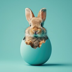 A cute Easter bunny hatching from a turquoise Easter egg isolated on a turquoise background with a copy space, a happy Easter banner with an adorable rabbit. - obrazy, fototapety, plakaty