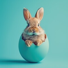 A cute Easter bunny hatching from a turquoise Easter egg isolated on a turquoise background with a...