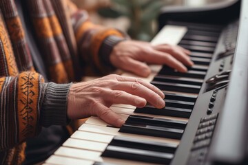 A skilled pianist effortlessly creates beautiful melodies on a digital keyboard, their hands dancing across the keys with passion and precision - obrazy, fototapety, plakaty