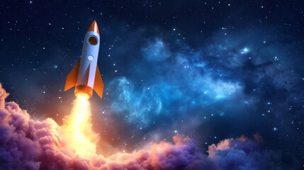 Rocket launching into a star-filled night sky, symbolizing exploration and adventure.