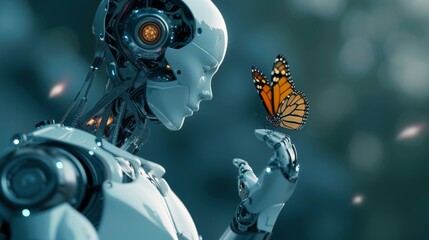 AI Robotic with a butterfly, symbolizing the convergence of advanced technology and the natural world.