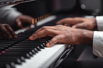 A skilled pianist's hands gracefully dance across the keyboard, filling the indoor space with a soulful melody of jazz on their digital piano - obrazy, fototapety, plakaty