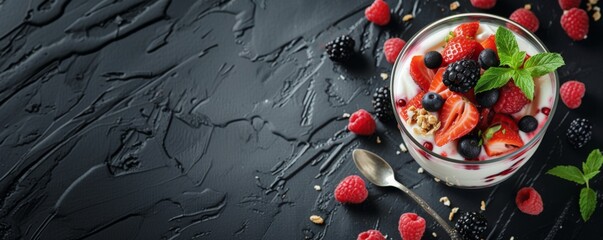 Yogurt parfaits with fresh raspberries, blackberries, strawberries, and crunchy granola, garnished with mint leaves. - obrazy, fototapety, plakaty