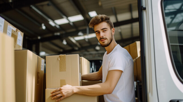 A young male courier is loading cardboard boxes into a delivery van, preparing for the distribution of parcels.
