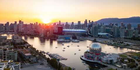 Downtown Vancouver City Buildings at Sunset. False Creek, BC, Canada.