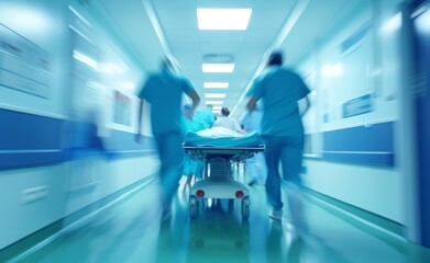 A blurry motion image of a critical patient being swiftly transported on a stretcher by a team of medical professionals in a hospital hallway.