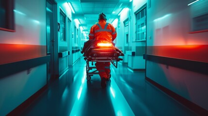 A paramedic in high-visibility clothing urgently pushes a patient on a stretcher through the brightly lit corridors of a medical facility.