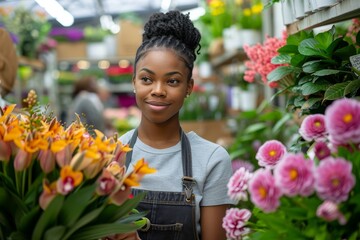 A graceful woman stands amidst vibrant blooms in an enchanting flower shop, holding a delicate...