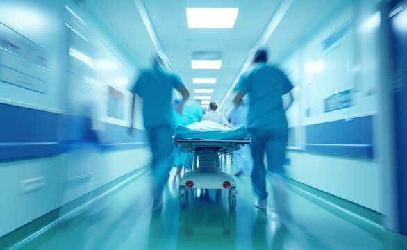 A blurry motion image of a critical patient being swiftly transported on a stretcher by a team of medical professionals in a hospital hallway.