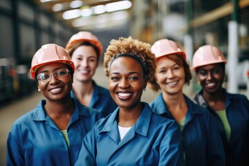 Portrait of a smiling group of diverse female workers in factory - Powered by Adobe