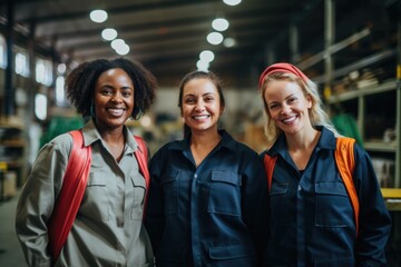 Portrait of a smiling group of diverse female workers in factory - obrazy, fototapety, plakaty