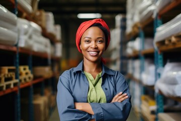 Portrait of a smiling young woman working in a factory