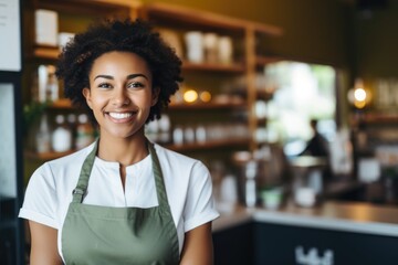 Smiling portrait of a young waitress in cafe or bar