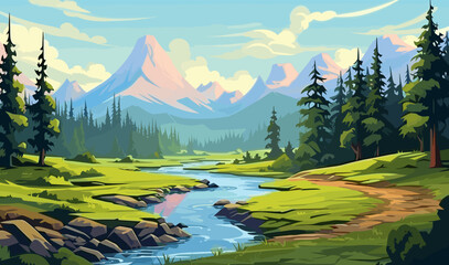 serene landscape beautiful scene evening lake colorful green lush summer mountains forest vector banner illustration