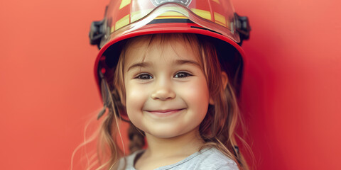 Child girl in Firefighter Helmet. Portrait of a smiling young girl with a firefighter helmet, symbolizing dreams and aspirations, future job.
