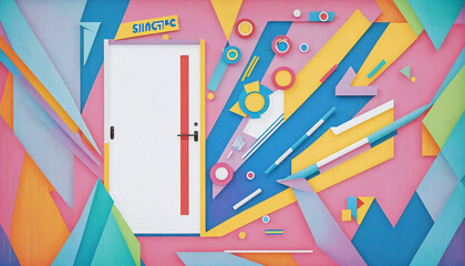 Different colorful and artistically with shapes and colors designed doors in a graphically designed illustration