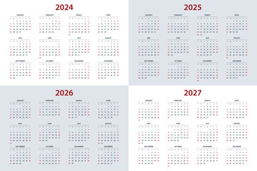 Calendar template for 2024, 2025, 2026, 2027 year. Wall calendar grid in a minimalist style. Week Starts on Sunday.