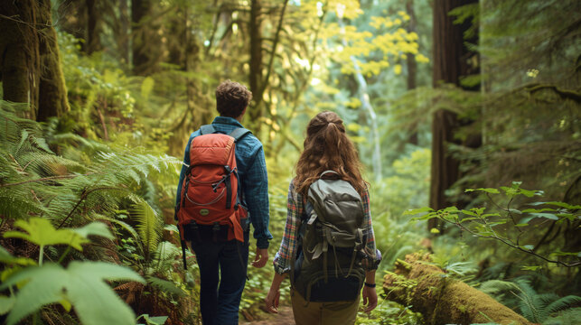 A mesmerizing stock image capturing the sheer joy of a couple immersed in a lush forest, delighting in the beauty of nature and embarking on exhilarating shared adventures.