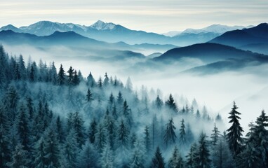 Snowy forest with fog and mountain peaks in the distance